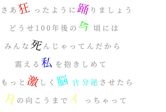脳漿炸裂ガール さあ狂ったように踊りましょう どうせ 有理沙 さんの明朝体デコメ