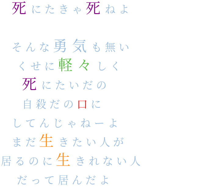 死にたきゃ死ねよ そんな勇気も無い 麗也 さんの明朝体デコメ