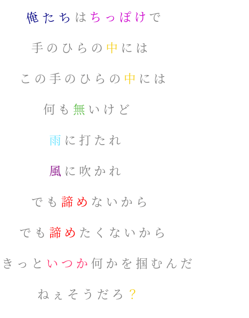 歌詞 俺たちはちっぽけで 手のひらの中には まぁみん さんの明朝体デコメ