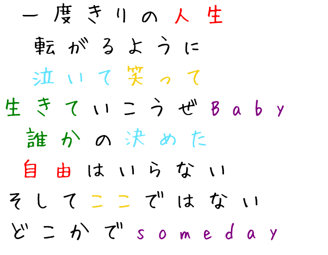 歌詞 一度きりの人生 転がるように 泣いて なー さんの明朝体デコメ