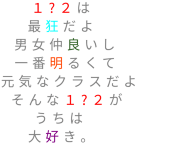 うちのクラス １ ２は 最狂だよ 男女仲良いし 一番 ルナ さんの明朝体デコメ