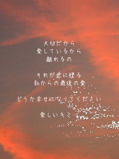 ��؂�����
�����Ă��邩��
������

���ꂪ�N�ɑ���
������̍Ō�̈�

�ǂ����K���ɂȂ��Ă�������

�������L�~�c